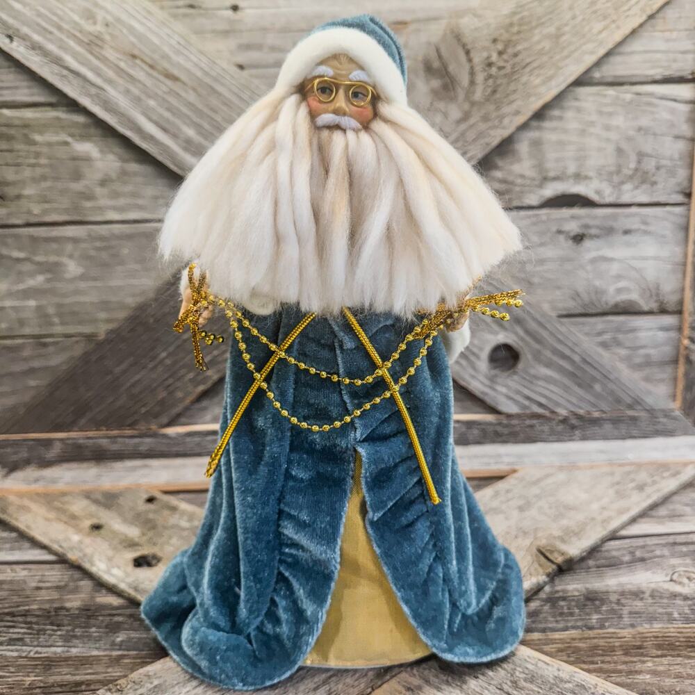 Handsome TableTop or Treetop Santa in Stone Blue Coat-Gold Wire Bifocals, 10”H